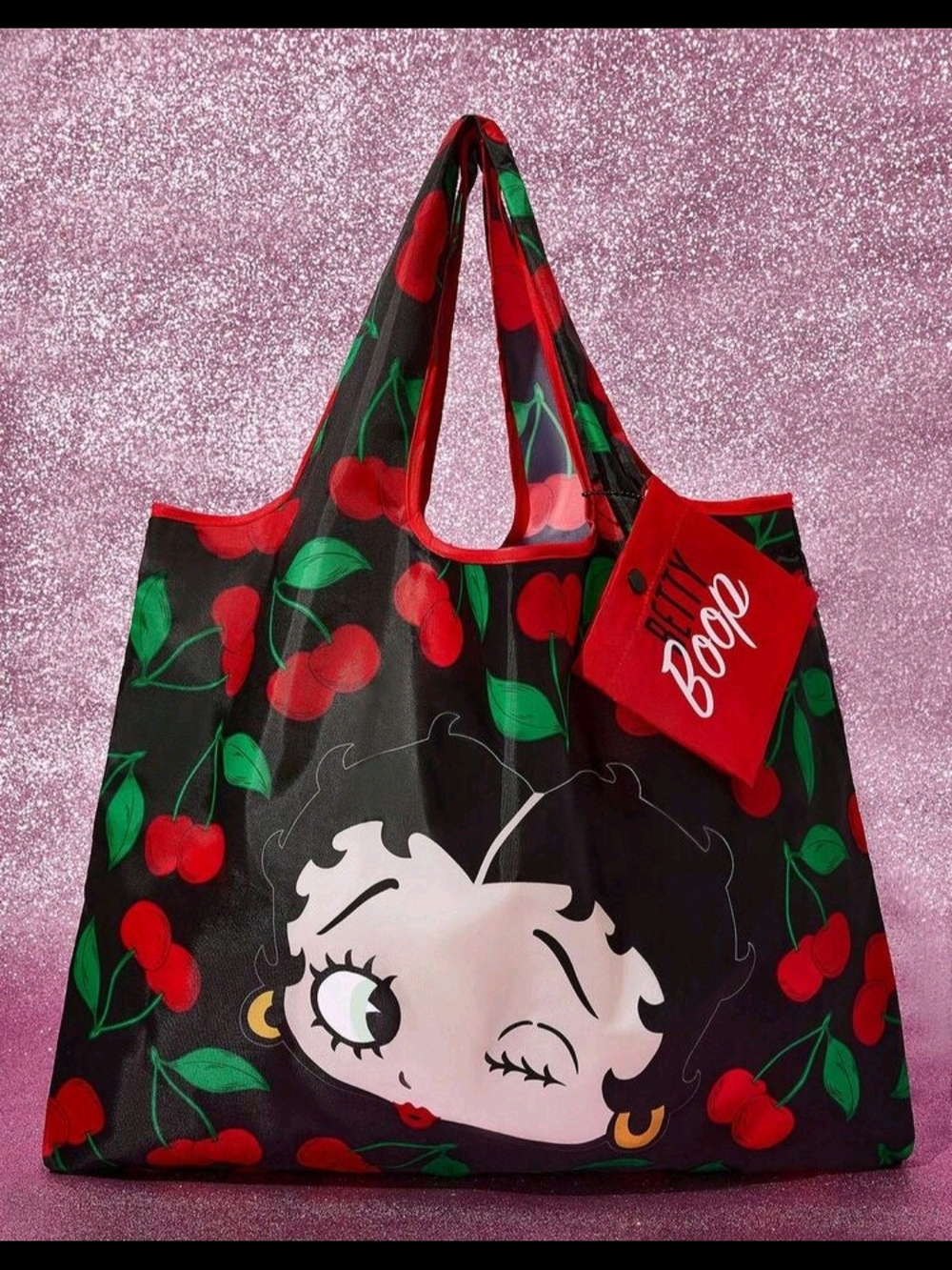 Betty Boop Cherry Print Reusable Tote Bag - Black/Red